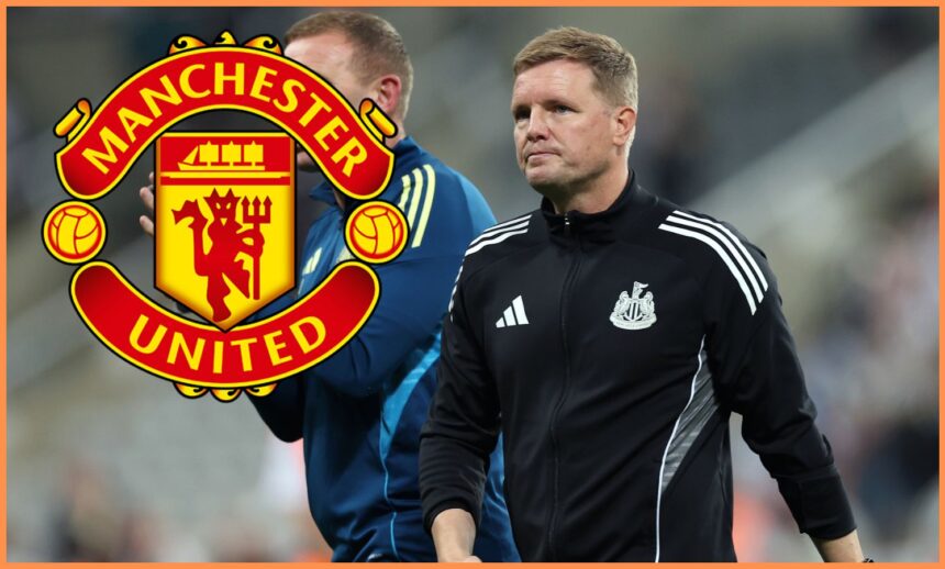 Eddie Howe and the Manchester United logo