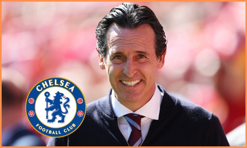 Unai Emery and the Chelsea FC logo