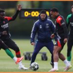 Leandro Trossard in Arsenal training with Bukayo Saka, Mikel Arteta, Jurrien Timber, and Ben White