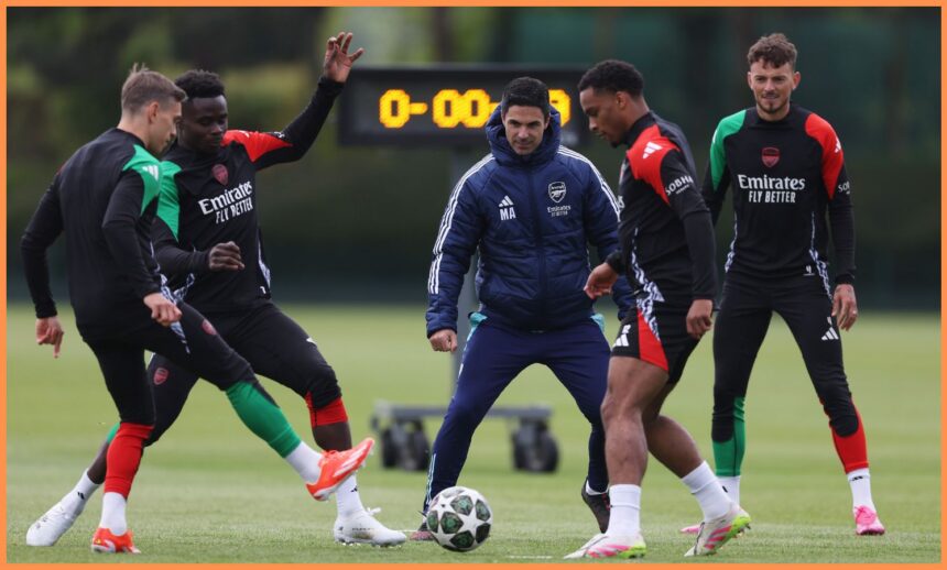 Leandro Trossard in Arsenal training with Bukayo Saka, Mikel Arteta, Jurrien Timber, and Ben White