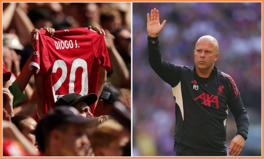 A Diogo Jota shirt in the crowd, and Liverpool manager Arne Slot