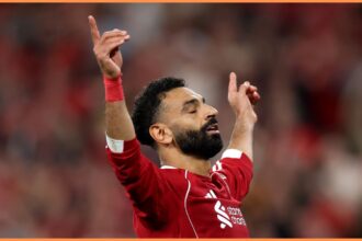 Mohamed Salah celebrates scoring for Liverpool vs Bournemouth
