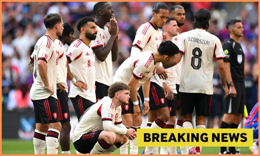 Harvey Elliott and his Liverpool teammates react to the penalty shoot-out defeat vs Crystal Palace