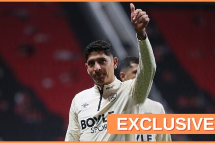 Edson Alvarez acknowledges the West Ham fans during the pre-match warm-up
