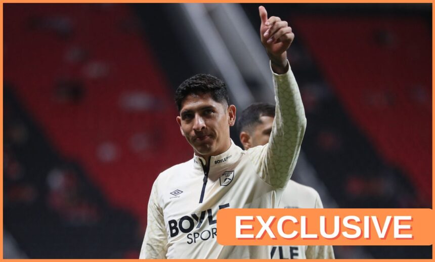 Edson Alvarez acknowledges the West Ham fans during the pre-match warm-up