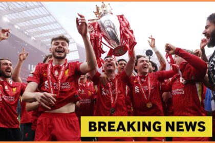 Harvey Elliott and his Liverpool teammates celebrating with the Premier League trophy