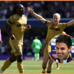 Eberechi Eze celebrates, and Arsenal manager Mikel Arteta