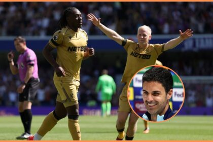 Eberechi Eze celebrates, and Arsenal manager Mikel Arteta