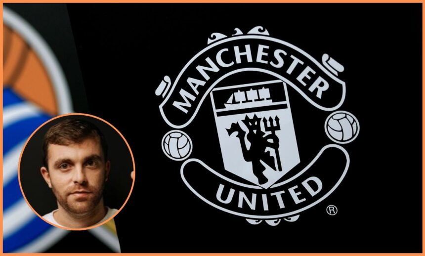 Manchester United logo and Fabrizio Romano