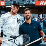 Djokovic delivers his first pitch at Yankee Stadium and poses with Judge Aaron