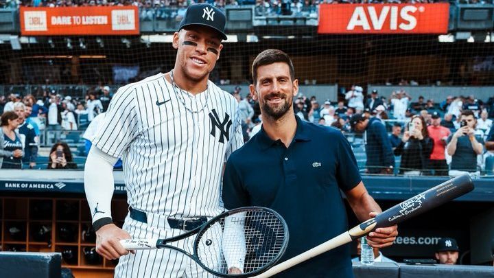 Djokovic delivers his first pitch at Yankee Stadium and poses with Judge Aaron