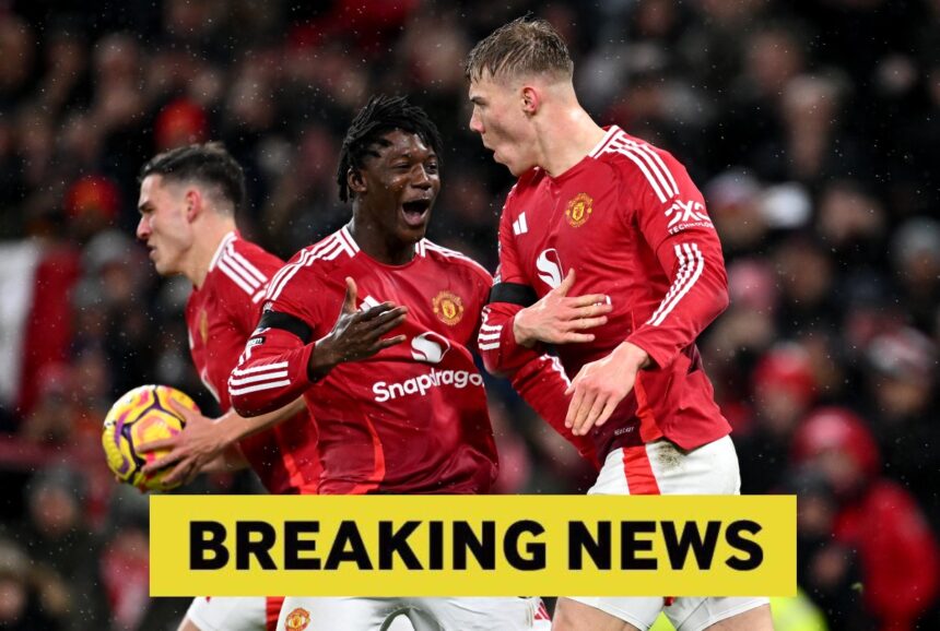 Kobbie Mainoo celebrates for Manchester United