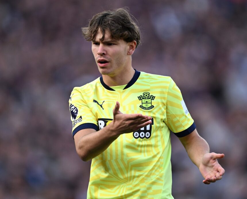 Tyler Dibling of Southampton in action against West Ham