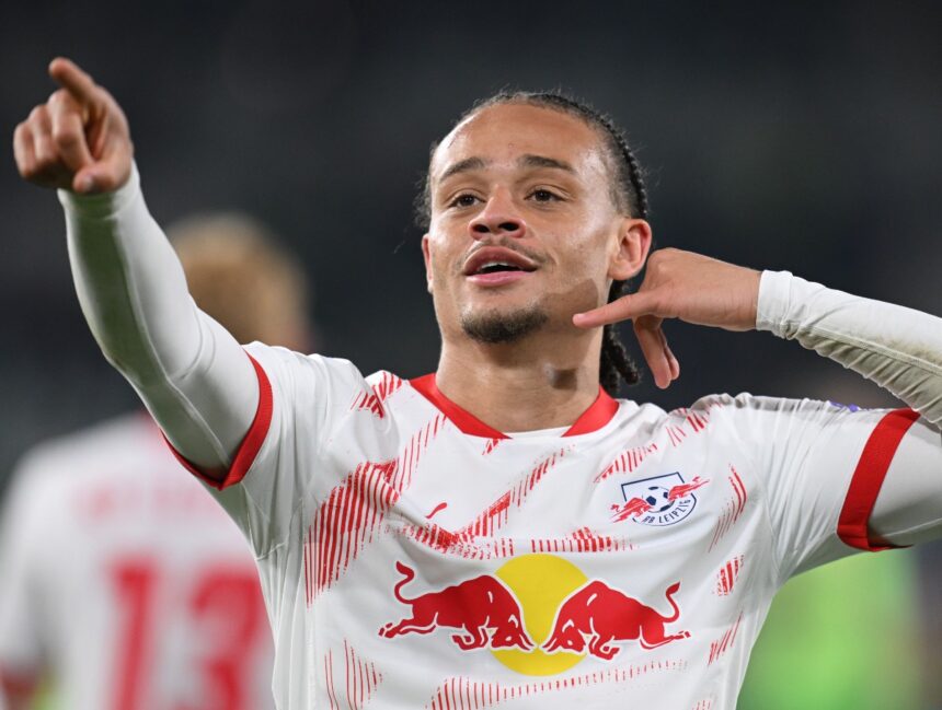Xavi Simons celebrates a goal for RB Leipzig