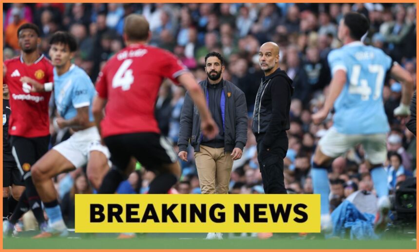 Ruben Amorim and Pep Guardiola look on during the Manchester Derby