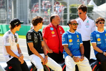 Kimi Antonelli, George Russell, Lewis Hamilton and Charles Leclerc
