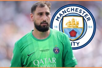 PSG goalkeeper Gianluigi Donnarumma and the Manchester City logo
