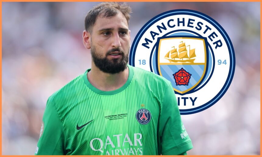 PSG goalkeeper Gianluigi Donnarumma and the Manchester City logo