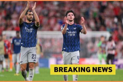 Mikel Merino and Declan Rice applaud the Arsenal fans