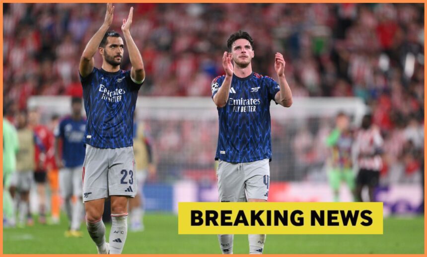 Mikel Merino and Declan Rice applaud the Arsenal fans