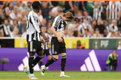 Anthony Gordon of Newcastle reacts during the defeat to Liverpool