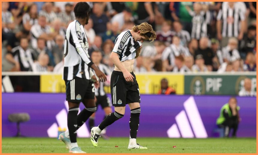 Anthony Gordon of Newcastle reacts during the defeat to Liverpool