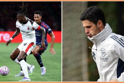 William Saliba and Mikel Arteta of Arsenal