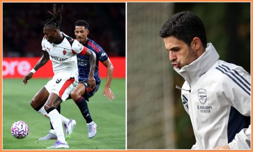 William Saliba and Mikel Arteta of Arsenal