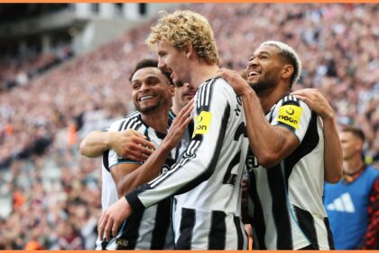 Nick Woltemade celebrates with his Newcastle teammates