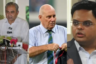 PCB chief Mohsin Naqvi, Andy Pycroft and ICC chief Jay Shah