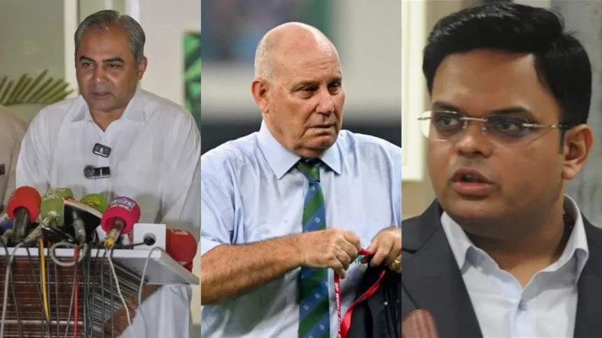 PCB chief Mohsin Naqvi, Andy Pycroft and ICC chief Jay Shah