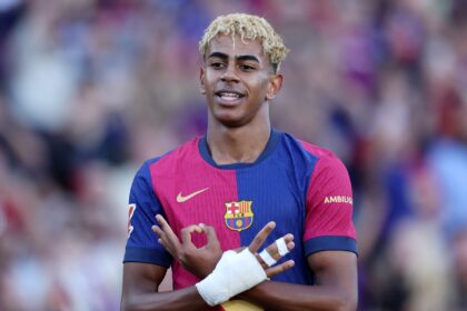 Lamine Yamal celebrates a goal for Barcelona