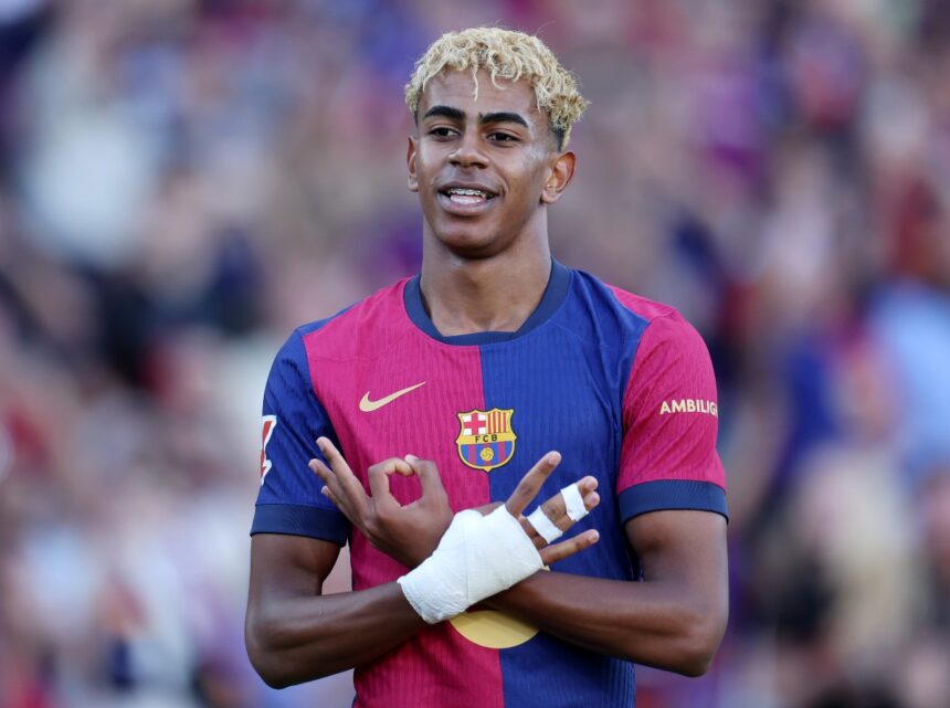 Lamine Yamal celebrates a goal for Barcelona