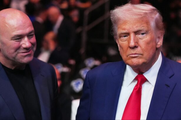 Dana White and U.S. President Donald Trump appear cageside at UFC 314 in Miami, Florida