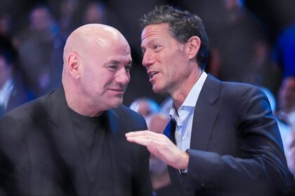 Dana White and TKO President Mark Shapiro speaks cageside at UFC 306