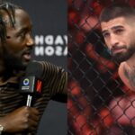 Terence Crawford speaks at a pre-fight press conference, opposite Ilia Topuria in the cage at UFC 317