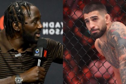 Terence Crawford speaks at a pre-fight press conference, opposite Ilia Topuria in the cage at UFC 317