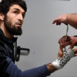 Zabit Magomedsharipov gets his hands wrapped backstage for his fight against Calvin Kattar