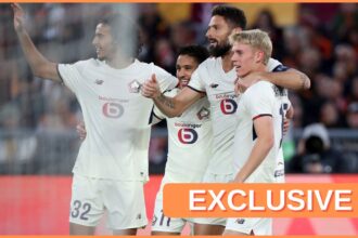 Ayyoub Bouaddi celebrates with his Lille teammates