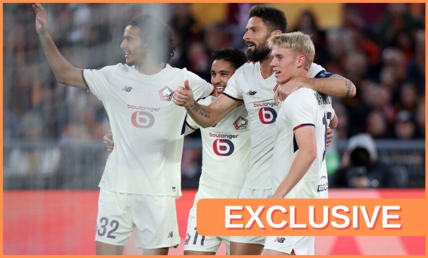 Ayyoub Bouaddi celebrates with his Lille teammates