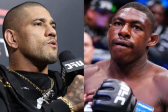 Alex Pereira speaks during a Q+A at UFC Sao Paulo, opposite Joaquin Buckley entering the cage at UFC Atlanta