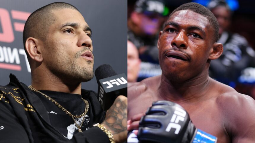 Alex Pereira speaks during a Q+A at UFC Sao Paulo, opposite Joaquin Buckley entering the cage at UFC Atlanta