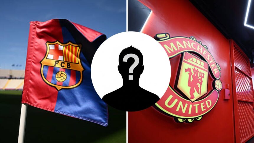Split image of Barcelona flag and Manchester United badge with overlay of mystery player