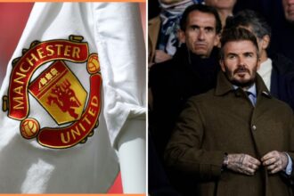 Split image of Manchester United flag and David Beckham
