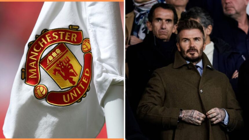 Split image of Manchester United flag and David Beckham