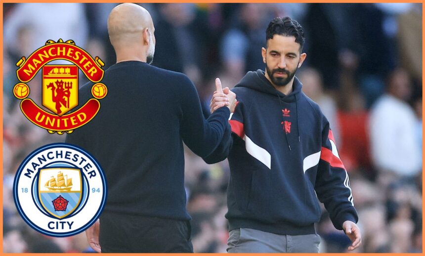 Ruben Amorim, Manager of Manchester United, embraces with Pep Guardiola, Manager of Manchester City