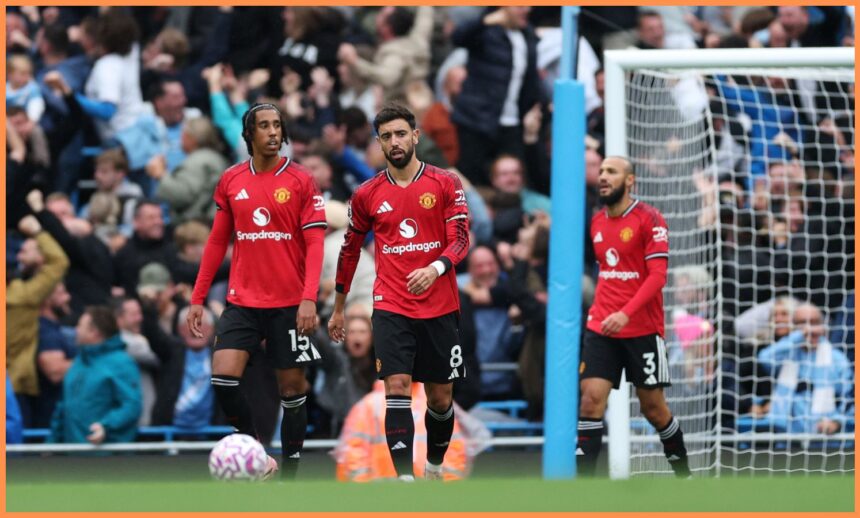 Bruno Fernandes reacts during the Manchester Derby defeat at the Etihad Stadium