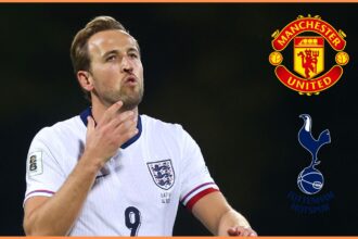 Harry Kane with England, plus Man United and Tottenham club badges