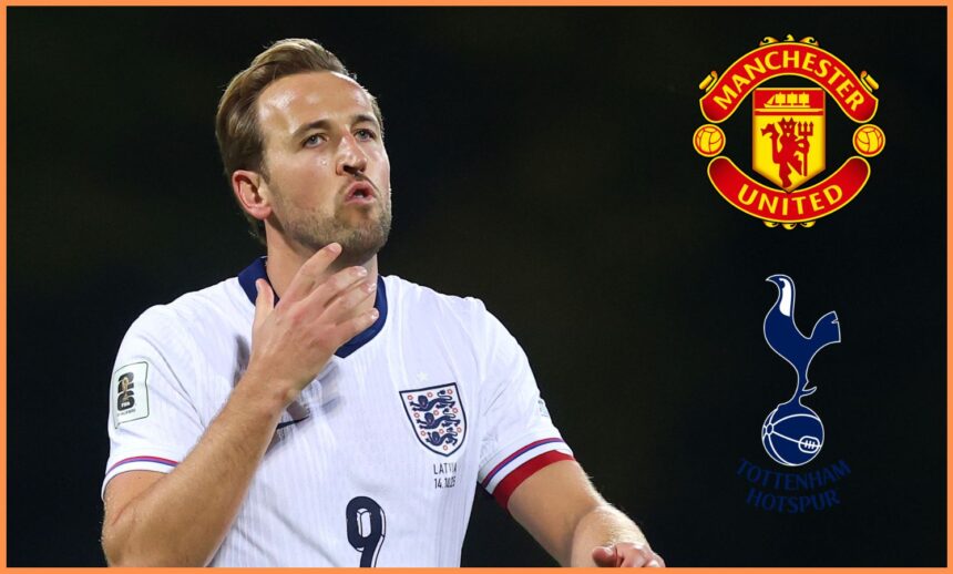 Harry Kane with England, plus Man United and Tottenham club badges