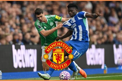 Carlos Baleba in action for Brighton and the Man Utd logo